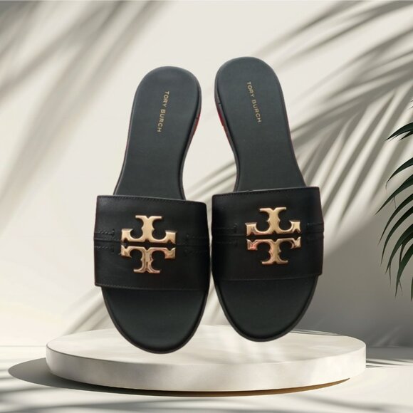 TORY BURCH EVERLY BLACK LEATHER HARDWARE LOGO W/BOX DUSTBAG SANDALS SLIDES 8 - Picture 3 of 9